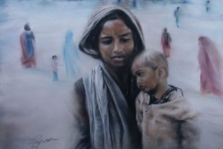 Tableau portrait pastel Inde scène de rue - Touchons du doigt la gêne, l